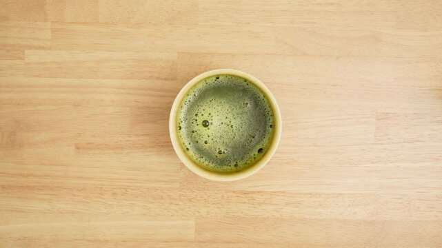 Top Down Shot of Matcha Green Tea Preparation Detail with Bowl and Whisk