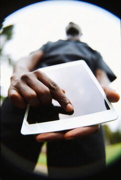 Low Angle Shot of a Man Using a White Digital Tablet Outdoors