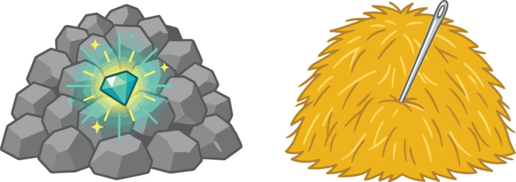 Diamond hidden in pile of rocks and needle in haystack icon set with gemstone