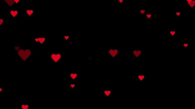 Valentines day hearts icon falling animation on black screen background.confetti hearts particular falling up.love, motion graphic video.red heart confetti falling.