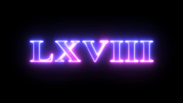 Multi colored inscription roman numerals LXVIII with light colored spots floating inside looped alpha channel at the end. 4K footage download