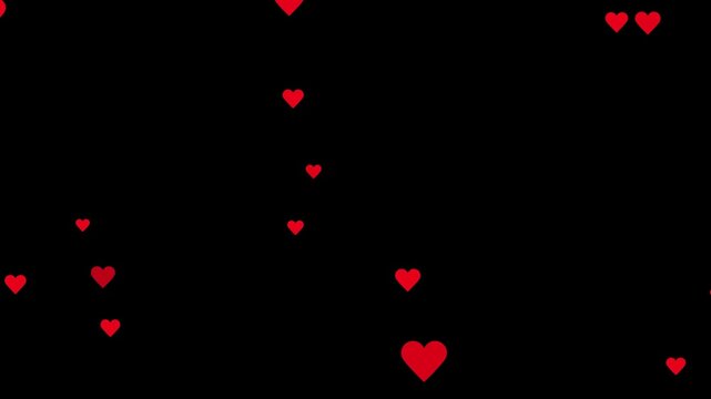 Valentines day hearts icon falling animation on black screen background.confetti hearts particular falling up.love, motion graphic video.red heart confetti falling.