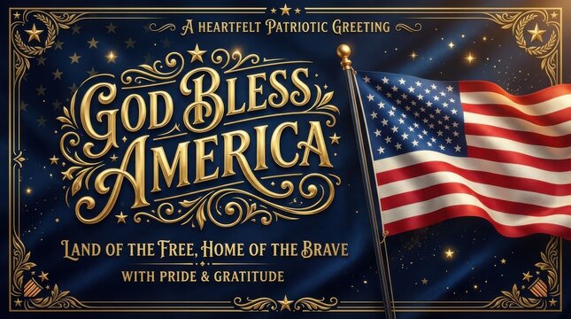 Patriotic god bless america greeting card with american flag and stars
