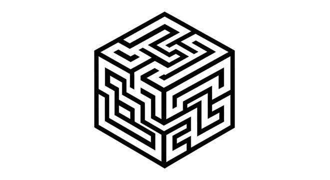 Abstract 3D isometric maze cube graphic. Intricate labyrinth puzzle design representing problem-solving, challenge, strategy, and connection.