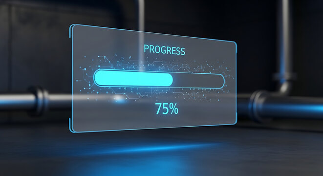 A futuristic progress bar displays 75 percent completion on a sleek interface in a dark industrial environment.