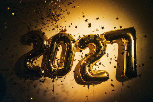 New Year 2027 Celebration with Gold Balloons in Film Photo