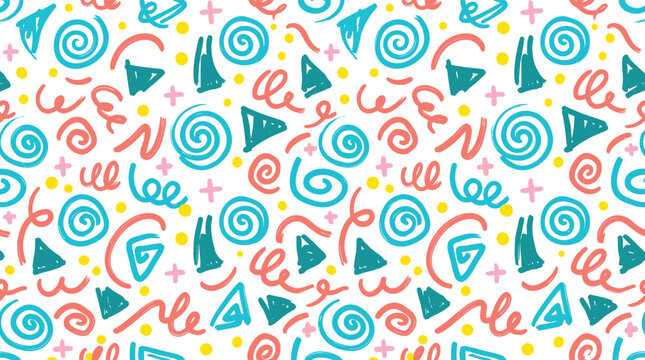 Colorful abstract vector pattern with spirals, triangles, squiggles, plus signs, and scattered decorative dots