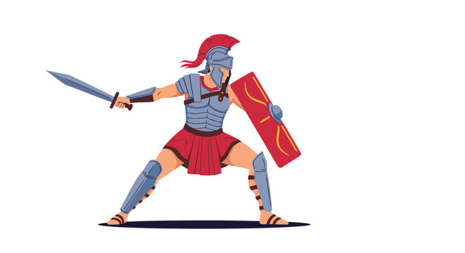 Roman gladiator in full metal armor stands in a powerful combat stance holding a sharp silver sword and a large red rectangular shield.