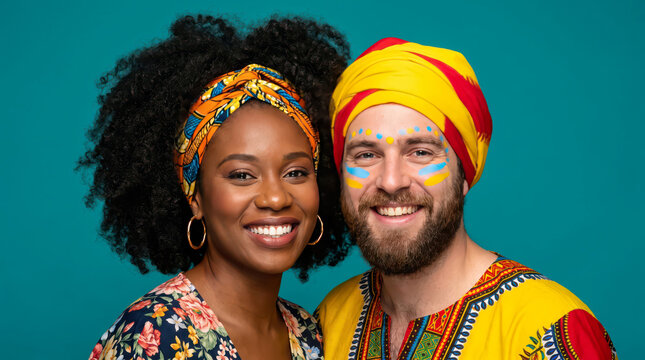 Multicultural couple in traditional African attire, smiling diverse man and woman wearing colorful dashiki and headwrap, vibrant portrait on teal background