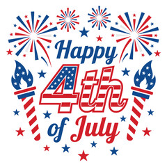 Fototapeta premium Happy 4th of july text with american flag pattern lettering flanked by two flaming torches and surrounded by red and blue firework bursts and scattered stars on a white background