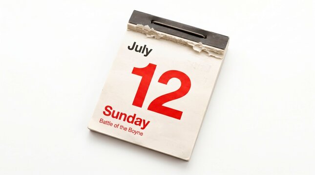July 12 Sunday tear-off calendar page, Battle of the Boyne anniversary date, vintage paper daily planner sheet on white background