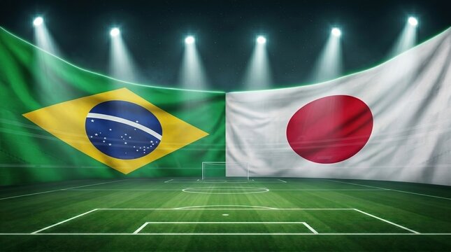Soccer stadium at night with flags of brazil and japan hanging over the stands, international sports match.
