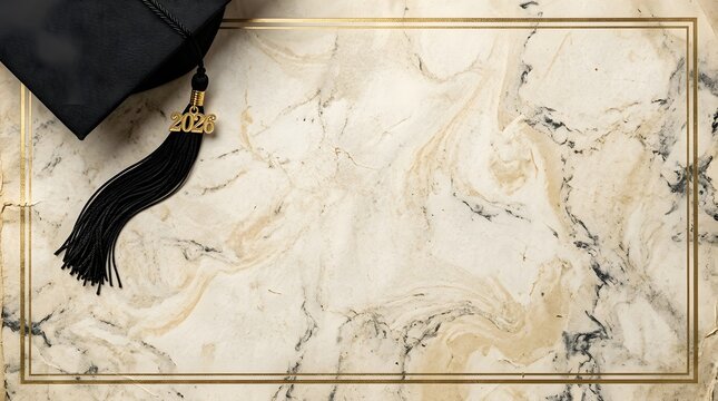 Graduation cap with 2026 tassel on marble background with gold frame