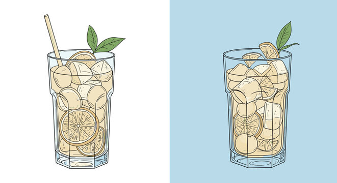 Two tall glasses of refreshing iced tea with lemon slices, ice cubes, and mint leaves are shown on contrasting white and blue backgrounds.