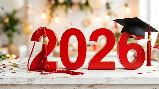 Large red 2026 numbers with graduation cap and tassel on white wooden table