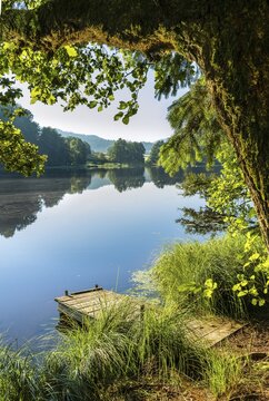 A jetty at Blaibacher See. Blaibach, district of Cham, Upper Palatinate, Bavarian Forest, Bavaria, Germany