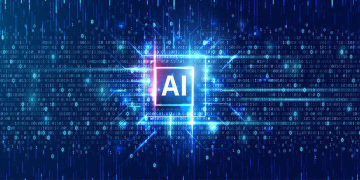 Abstract background with ai text on a glowing cpu and binary code flowing through a digital circuit board network.