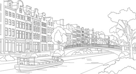 Fototapeta premium Detailed black and white line drawing of traditional Amsterdam canal houses with bridge and boat for creative coloring book illustration.