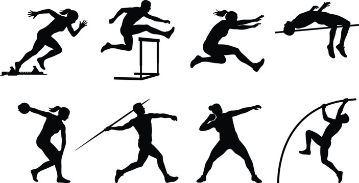 Track and field silhouette vector set with sprint, jump, throw, and pole vault events