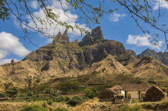 Rocklandscape with sporadic buildings. Santiago. Cabo Verde. Africa