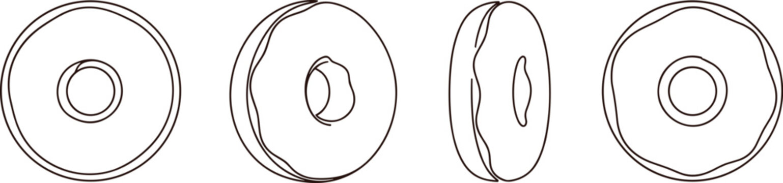 Vector illustration of torus shapes resembling donuts and bagels shown in outline and cross‑section perspectives