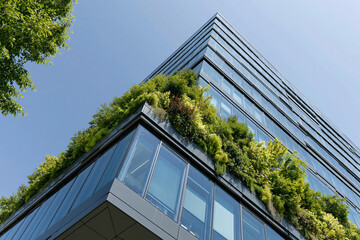 Obraz premium Modern building features lush green terraces. Glass and steel reflect bright blue skies. Vibrant foliage climbs vertical surfaces. Urban architecture blends nature harmoniously