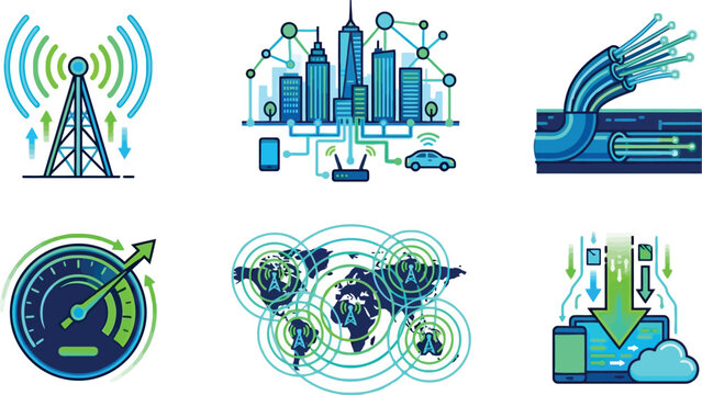 Set of internet connectivity and networking technology icons with connectivity