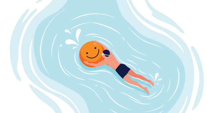 Overhead view of a person swimming in clear blue water while holding a large orange smiley face ball for summer fun and leisure.