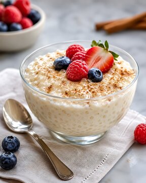 A comforting bowl brimming with creamy tapioca pudding, generously garnished with vibrant strawberries, plump blueberries, and juicy raspberries, dusted with warm cinnamon spice, perfect