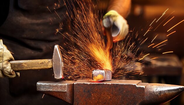 hot metal being hammered on anvil in blacksmith workshop glowing sparks flying as metal is shaped with intense heat and force