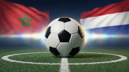 Fototapeta premium Classic black and white soccer ball rests on a green grass field. Blurred national flags of Morocco and the Netherlands wave in the background, symbolizing an international evening match.