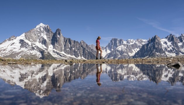 Young woman walking in front of mountain panorama, reflection in Lac Blanc, mountain peaks, Grandes Jorasses and Mont Blanc massif, Chamonix-Mont-Blanc, Haute-Savoie, France