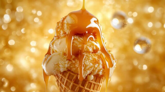 Ice cream cone with caramel drizzle and golden bokeh, sweet treat, summer dessert, indulgent flavor, delicious dessert.