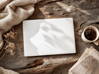Fototapeta premium Closed Laptop with Coffee Cup Cozy Blanket Rustic Wooden Table Natural Light Morning Workspace