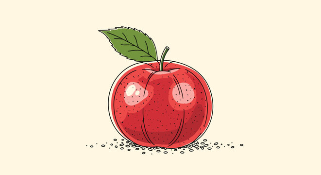 Red apple with a single green leaf is illustrated with fine details and textures on a light cream background for food themes.