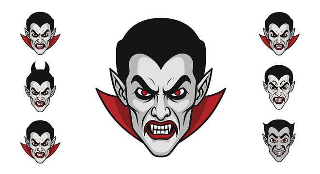A menacing vampire character illustration with various evil expressions and red eyes