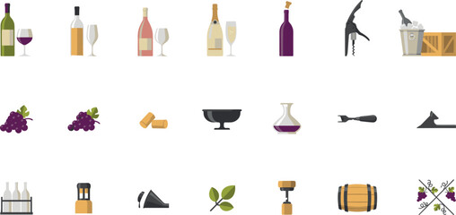 Fototapeta premium Wine and Winery Icon Set Featuring Red White and Rose Bottles, Glasses, Corkscrews, Grapes, Wooden Barrels, Decanters, and Vine Harvest Graphic Symbols