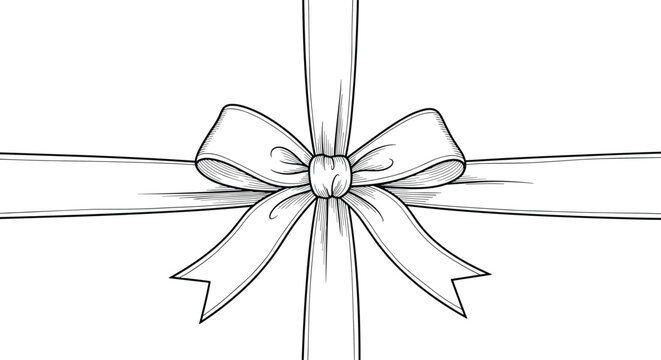 Decorative ribbon bow rendered in a classic black and white line art style for gift wrapping and holiday greeting card designs.