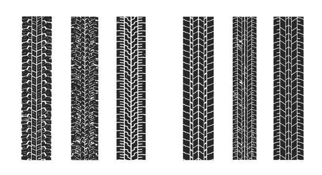 Six distinct tire tread patterns shown as black silhouettes for automotive service, car maintenance, and safety related designs.