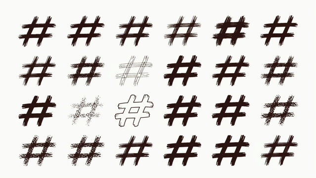 Collection of various hashtag symbols in different styles and designs
