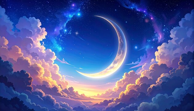 Anime Style Giant Crescent Moon in a Fantasy Twilight Sky with Colorful Clouds