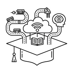 Naklejka premium Education cloud computing network concept on graduation cap outline