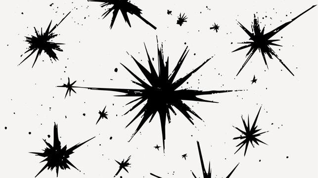 白背景に黒い星とスパークが散らばるモノクロ装飾素材、衝撃やきらめきを表すエフェクト背景