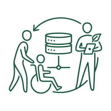 Green line icon showing patient in wheelchair with database server link