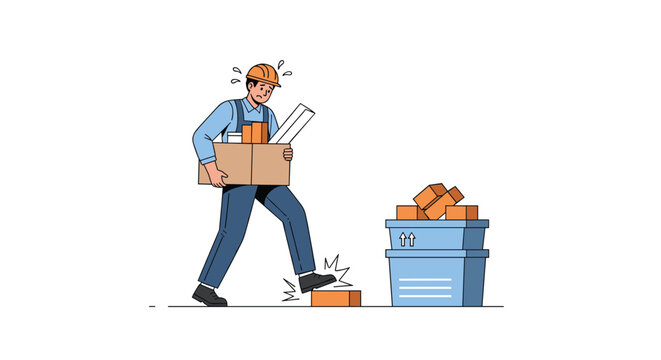 Stressed worker in a hard hat trips over a brick while carrying a heavy box, illustrating workplace hazards and safety concerns.