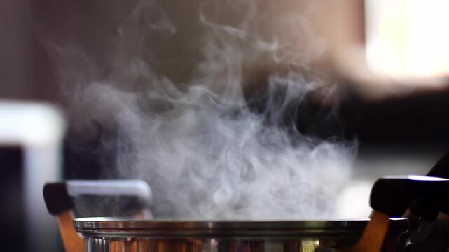 Steam rising from a pot, creating a soft, ethereal haze. The heat is palpable, hinting at something delicious cooking within, filling the kitchen with warmth and aroma