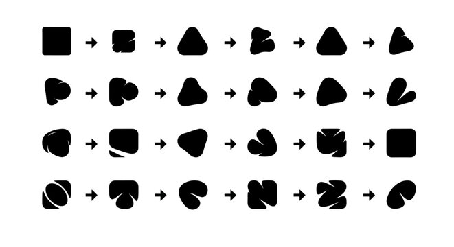 A series of black geometric shapes evolving through a sequence of transitions