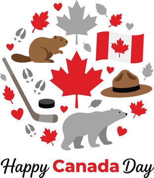 Happy canada day with red maple leaves beaver polar bear hockey stick puck flag and mountie hat arranged in a circular composition on a white background