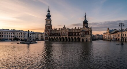 Fototapeta premium Sunset over historic city waterfront plaza.