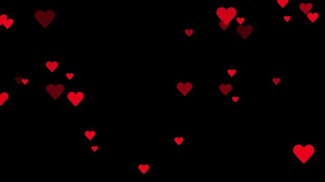 Valentines day hearts icon falling animation on black screen background.confetti hearts particular falling up.love, motion graphic video.red heart confetti falling.